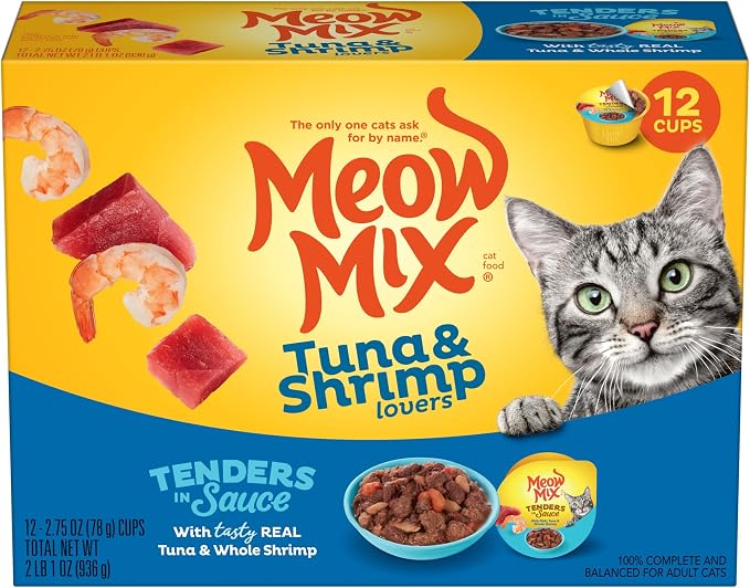 Meow Mix Tender Favorites with Real Tuna & Whole Shrimp in Sauce (Pack of 96)