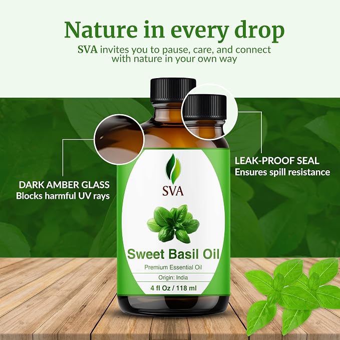 SVA Sweet Basil Essential Oil 4 Fl Oz – for Diffuser, Skin & Hair Care – Ideal for Massage & DIY Blends - with Dropper
