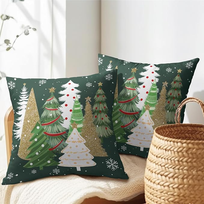 Kawani Christmas Tree Throw Pillow Covers 20x20 Inches Pack of 2 Gold Green Xmas Trees Cotton Linen Square Pillow Couch Sofa Cushion Case with Hidden Zipper for Winter Holiday Home Decor