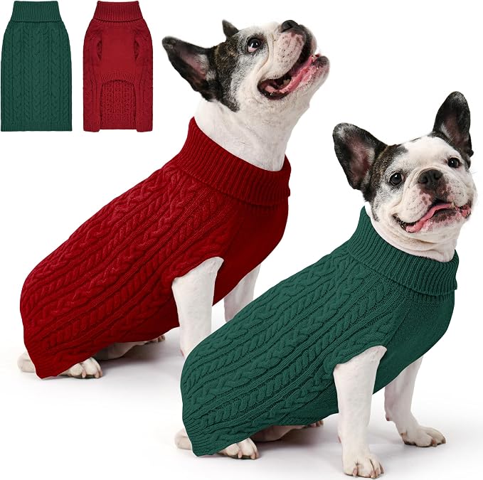 Dog Sweater 2 Pack for Medium Dogs, Size L, Red & Green | Stretchy cable knit turtleneck, machine washable, high belly cut, comfy winter fit for French Bulldog, Corgi