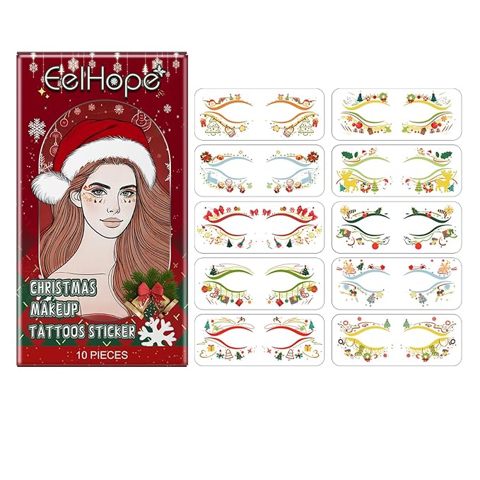 Christmas Face Stickers - Easy Apply Water Transfer Temporary Tattoos for Cheek & Face - Festive Holiday Designs for All Skin Types, No Tools Needed - Party Makeup for Kids & Adults (10 Sheets)