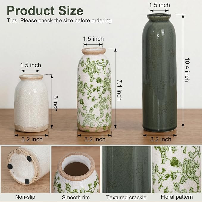 Vintage Ceramic Vase Set of 3, Flower Small Chinoiserie Vase Rustic Modern Farmhouse Centerpiece Decorative Pottery Vases for Table Mantel Entryway Bookshelf Living Room Kitchen Home Decor