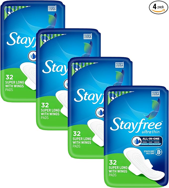Stayfree Ultra Thin Super Long Pads with Wings For Women, Reliable Protection and Absorbency of Feminine Moisture, Leaks and Periods, 32 count - Pack of 4