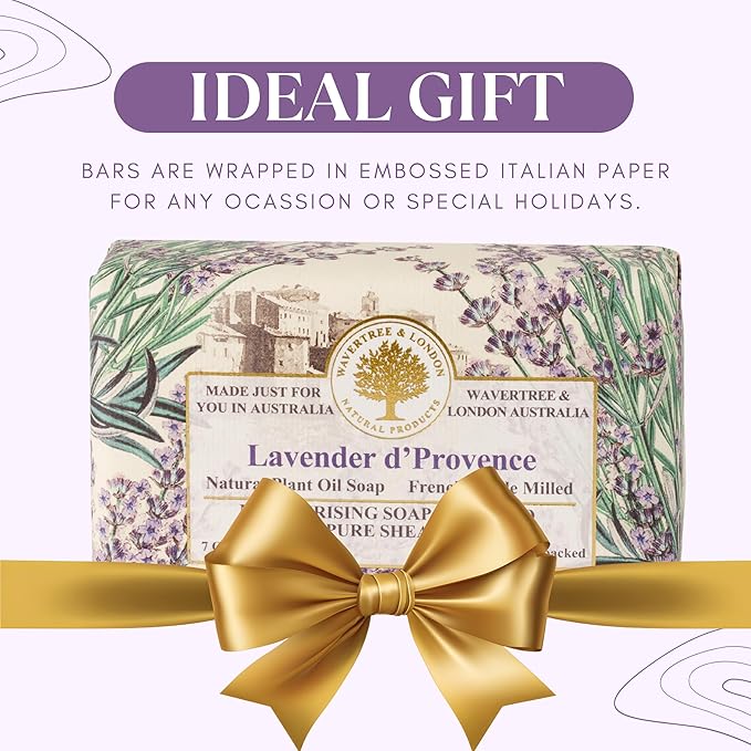 Wavertree & London Lavender D'Provence Scented Natural Soap (8 Bars), 7oz Moisturizing French Triple Milled Soap Bars enriched with shea butter - Pure Plant Oil Bath & Body Bars for All Skin Types