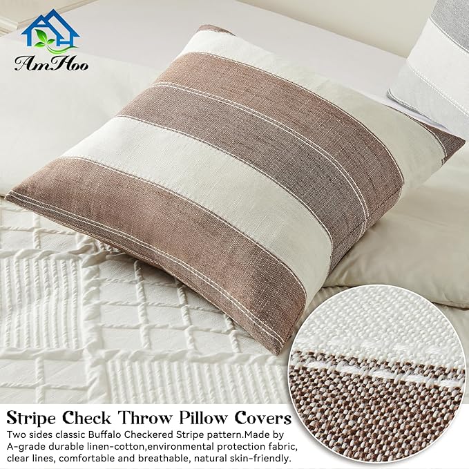 Pack of 2 Farmhouse Stripe Check Throw Pillow Covers Set Case Cotton Linen Decorative Pillowcases Cushion Cover for Couch Bench Sofa 20x20Inch Brown