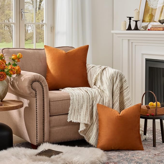 GIGIZAZA Burnt Orange Velvet Throw Pillow Covers 22x22 Pack of 2 | Decorative Pillows for Couch Sofa,280gsm Soft Textured Fabric,Modern Square Pillowcases,Luxury Cushion Covers