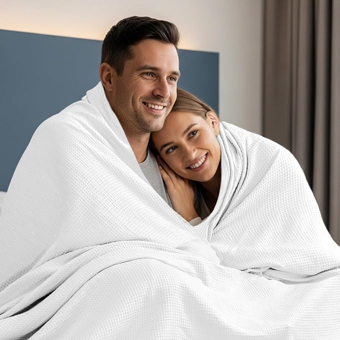 Utopia Bedding Cotton Blend White Waffle Blanket Queen - 90x90 Inches | Lightweight, Skin Friendly, Breathable, All Season, Luxury, Bed, Couch, Sofa