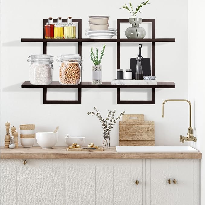 Floating Shelves for Wall,Decorative Wall Shelves,Plants Shelf Framed | Square Wall Decor,Art Sconces Artificial Vases Hanging Storage Shelf for Bathroom Living Room Modern,Wood,2 Tier,2PCS,Walnut