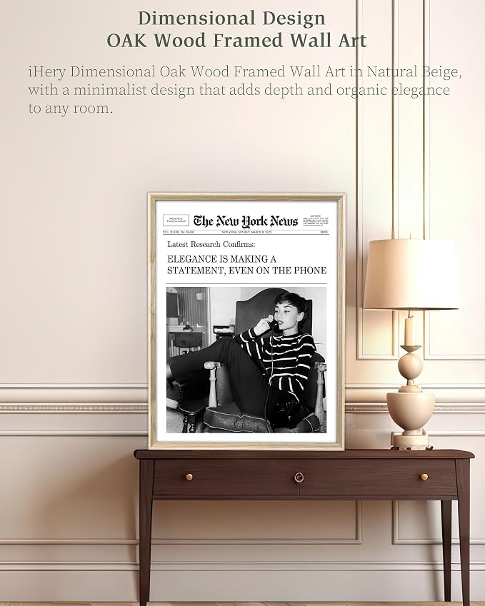 iHery 12x16in Audrey Hepburn On the Phone Framed Newspaper Wall Art | Natural OAK Wood Frame with Canvas Print, Vintage Elegance Decor for Bedroom, Living Room, Office and Gallery Wall, 1Pack