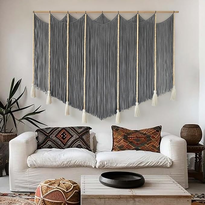 Jakalin Macrame Wall Hanging Grey Woven Yarn Large Boho Wall Art 57" x 43" | Handwoven Cotton, Fiber Wall Art, Grey Dip dye Design, Home Decor Boho, Macrame Yarn, Living Room, Bedroom Wall Decor