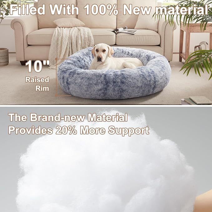 45 in Faux Fur Fluffy Donut Dog Bed for Extra Large Dogs,Dark Blue | Calming Plush Round Jumbo Pet Bed with Removable & Washable Cover,Fits up to 120 lbs Pets