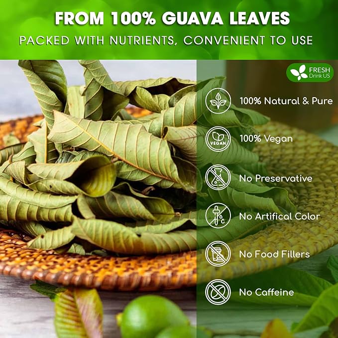 FreshDrinkUS, Premium 100+ Natural Guava Leaves, Whole Dried Leaves, 100% Pure, Natural Guava Loose Leaf Herbal Tea, No Additives, No Caffeine, Vegan
