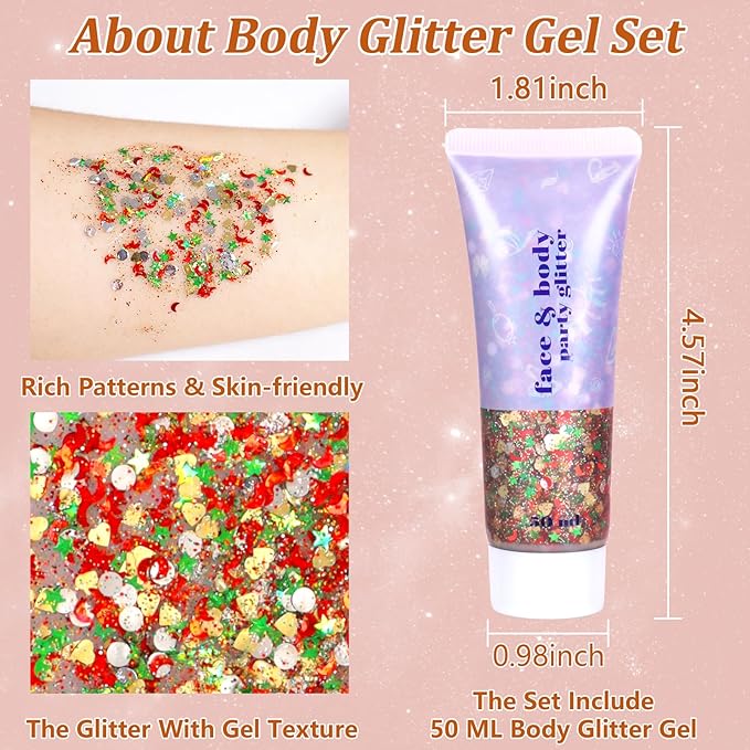 Boko 50ML Body Glitter Gel, Green St. Patrick's Day Chunky Glitter Gel for Face Hair Body Sparkle Makeup, Mermaid Face Glitter Sequins for St. Patrick's Day Concert Party Rave Accessories