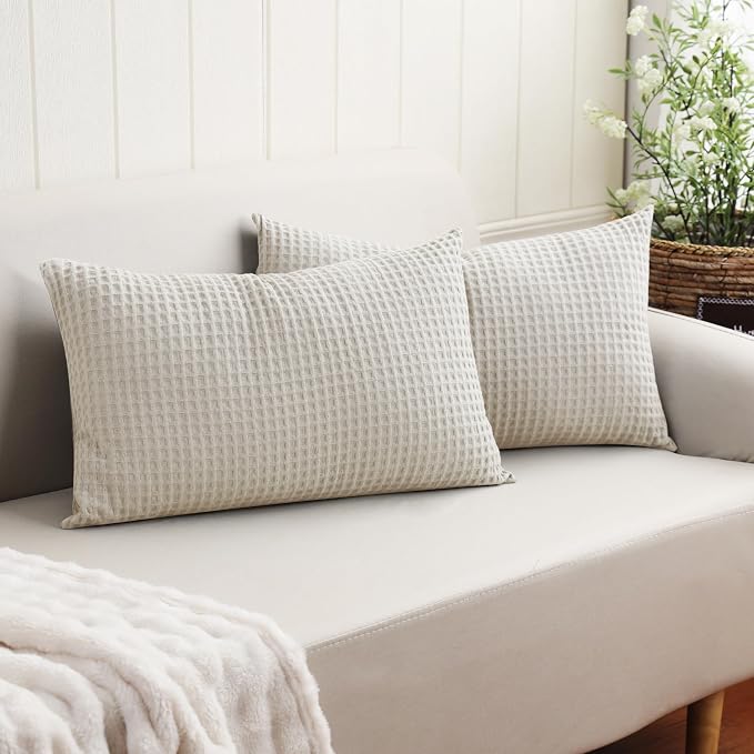100% Egyptian Cotton 600 TC Waffle Weave Lumbar Pillow Covers 2 Pack | Ultra Soft Breathable Rectangle Throw Pillow Covers, Decorative Cushion Covers for Bed Couch Sofa Car, Beige, 12" x 20"