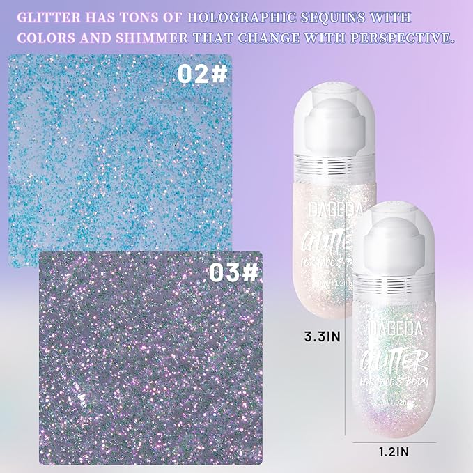DAGEDA 2Colors Roll-on Body Glitter Gel for Body, Hair, Face, Holographic Glitter Makeup for Rave Accessories, Body Shimmer Hair Glitter Gel for Halloween Makeup(Galaxy Blue+Sparkling Pink)