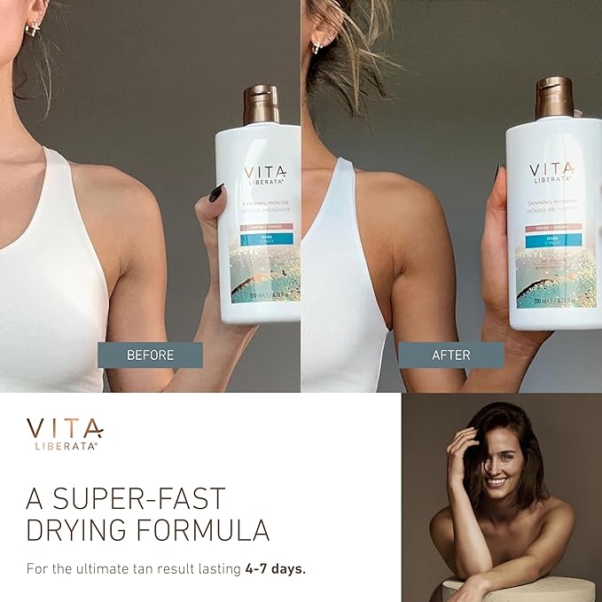 VITA LIBERATA Tinted Self Tanner Mousse - Dark 6.76 fl oz, Lightweight & Fast Drying Formula, Tinted For Easy Application, Lasting Tan, Formulated with Organic Aloe Vera & Hyaluronic Acid