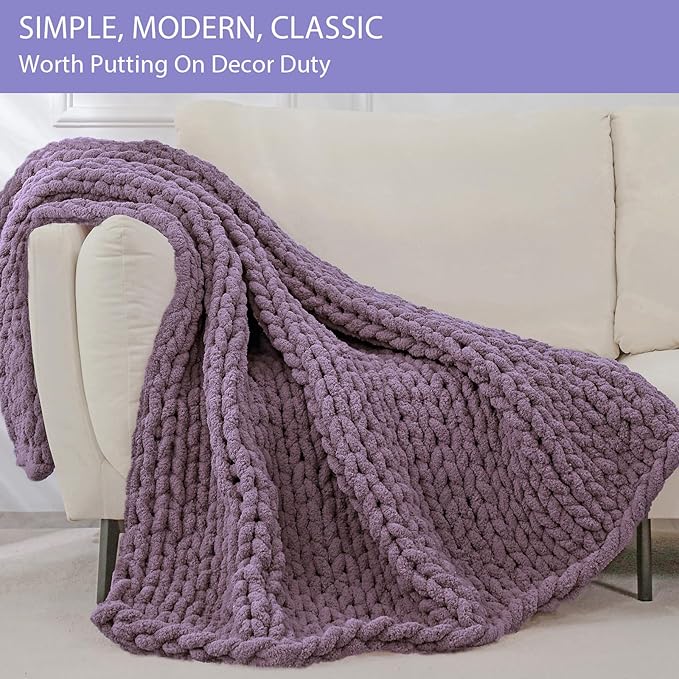 Bigacogo Chunky Knit Throw Blanket for Couch, 51x63 inches, Winter Grape | Hand Knit with Jumbo Chenille, Soft Breathable Cable Knit for Sofa Bed Living Room, Machine Washable, Gift for Mom Friend