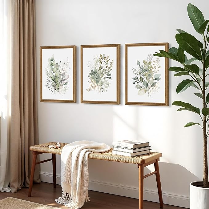 WRFON Framed Sage Green Botanical Wall Art Set of 3, Watercolor Eucalyptus & Wild Plant Canvas Prints, Minimalist Green Wall Decor for Living Room Bedroom Bathroom, 16x24 Inches