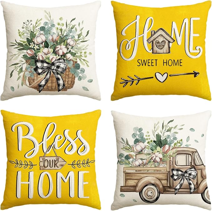 AVOIN colorlife Bless Our Home Farmhouse Eucalyptus Leaves Throw Pillow Covers, 16 x 16 Inch Yellow Truck Home Sweet Cushion Case Decorations Set of 4