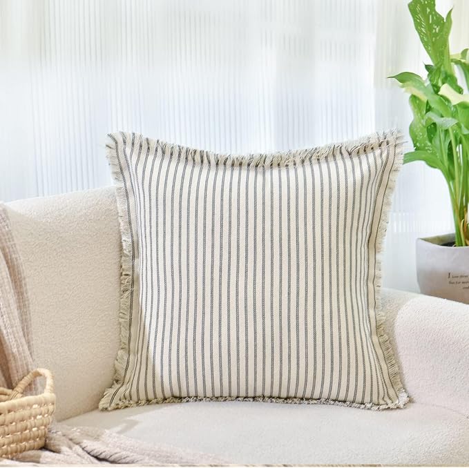 Throw Pillow Covers 20x20 Set of 2 Striped Pillow Covers with Fringe Chic Cotton Decorative Pillows Square Cushion Covers for Sofa Couch Bed Living Room Farmhouse Decor, (Gray)