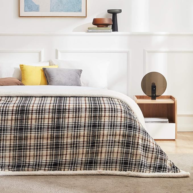 Sherpa Plaid Throw Blanket, 60" X 70"Fuzzy Fluffy Cozy Soft Blanket, Fleece Flannel Plush Twin Size Microfiber Blanket for Couch Bed Sofa (Brown)