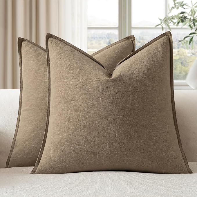 EMEMA Decorative Linen Throw Pillow Covers 18x18 Inch Curry | Boho Farmhouse Neutral Couch Throw Pillows for Bed Pack of 2 Accent Pillowcase Modern Sofa Cushion Livingroom Home Decor