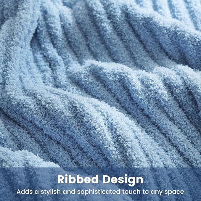 Snuggle Sac Fluffy Ribbed Blue Bedding Blanket Twin Size, Soft Luxurious Knit Fuzzy Plush Microfiber Blankets for Sofa, Bed, Blue, 60x80 inches