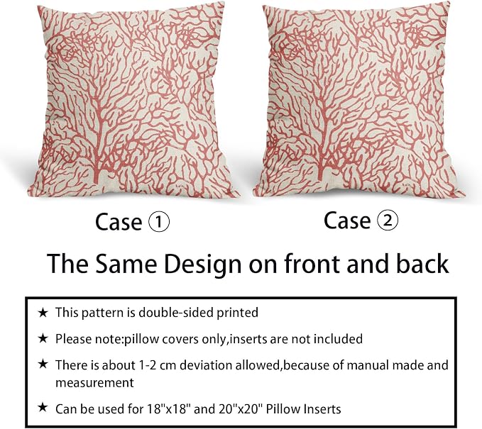 Nautical Coastal Pillow Covers 20x20 Inch Set of 2 Summer Ocean Beach Coral Orange Decorative Pillow Cases Outdoor Linen Cushion Cover Farmhouse Decor for Bedroom Home Sofa Couch Bed