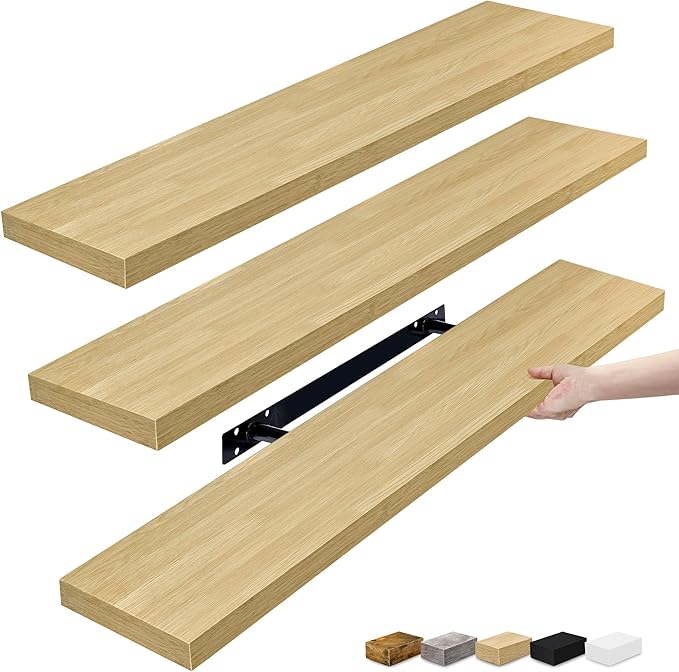 Sorbus Floating Shelves for Wall - 35 Inch Long Bathroom Shelves, Wall Decor for Bedroom, Kitchen, Living Room & Book Storage - Mounted Floating Shelf with Invisible Brackets (Maple Wood, 3 Pack)