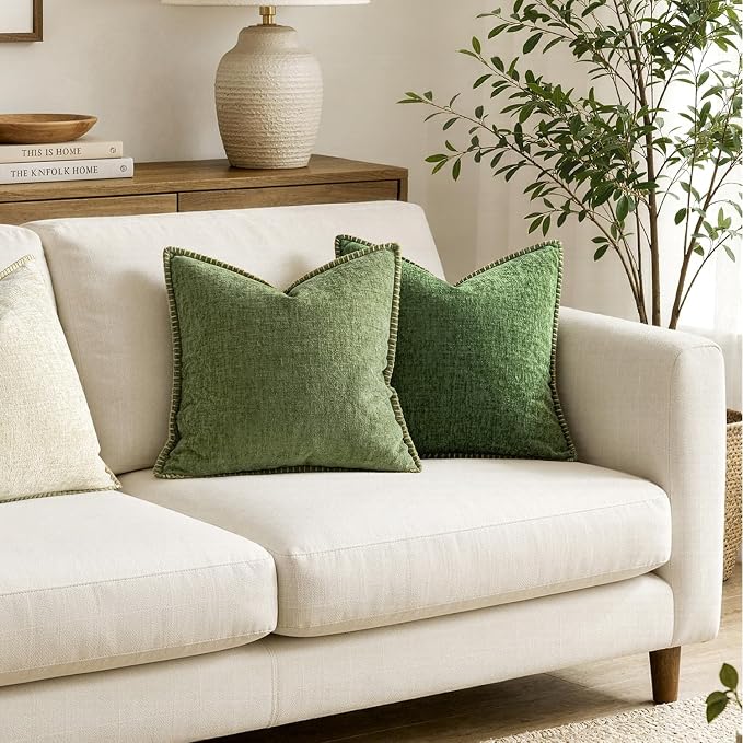MIULEE Decorative Couch Throw Pillow Covers 16x16 Inch Sage Green 2 Pack | Farmhouse Pillow Covers with Stitched Edge, Soft Chenille Cushion Cases, for Sofa Bed Living Room Home Decor