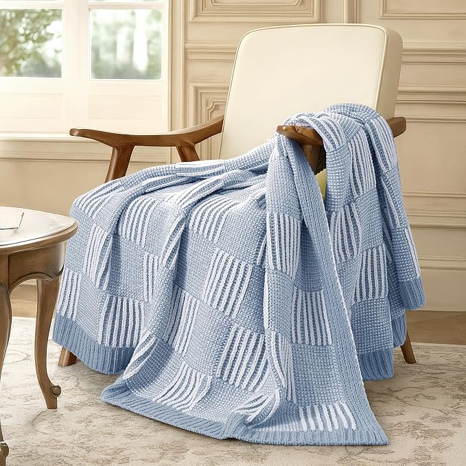 Knit Throw Blanket, Soft Chenille Cozy Breathable Dual Tone Checkered Chunky Decorative Blanket for Couch, Bed & Sofa, French Lightweight Warm Gift for Women, Washed Blue, 50"x60"