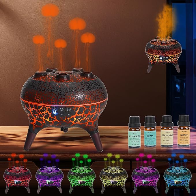 BOHOFAM Jellyfish Essential Oil Diffuser 250ML,Aroma Diffuser Hears Sound to Spray Dancing Jellyfish Mist,7 Colorful Lights, 4 * 10ML Hotel Collection Diffuser Oils Scents for Home Bedroom(Black)