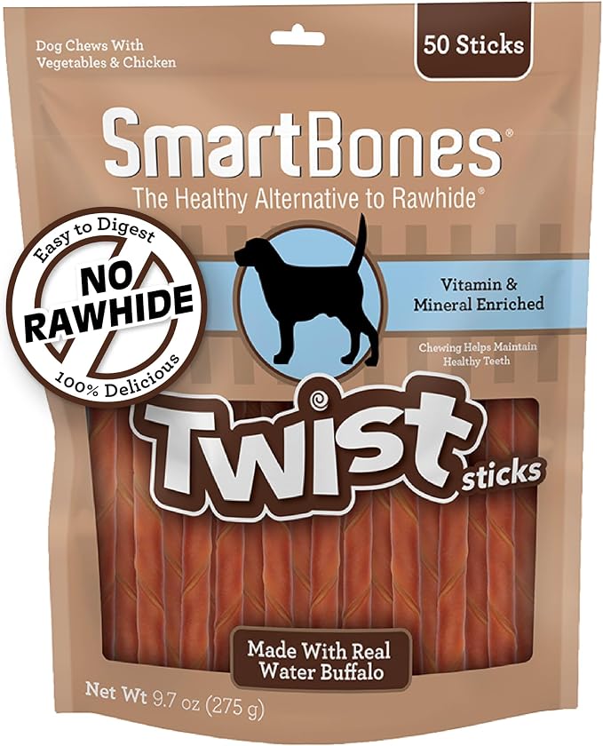 SmartBones Twist Sticks Rawhide-Free Dog Treats, Water Buffalo, 50 Count | With Real Water Buffalo & Chicken, Easy To Digest Chew, Vitamin & Mineral Enriched, Supports Dental Health, For Adult Dogs