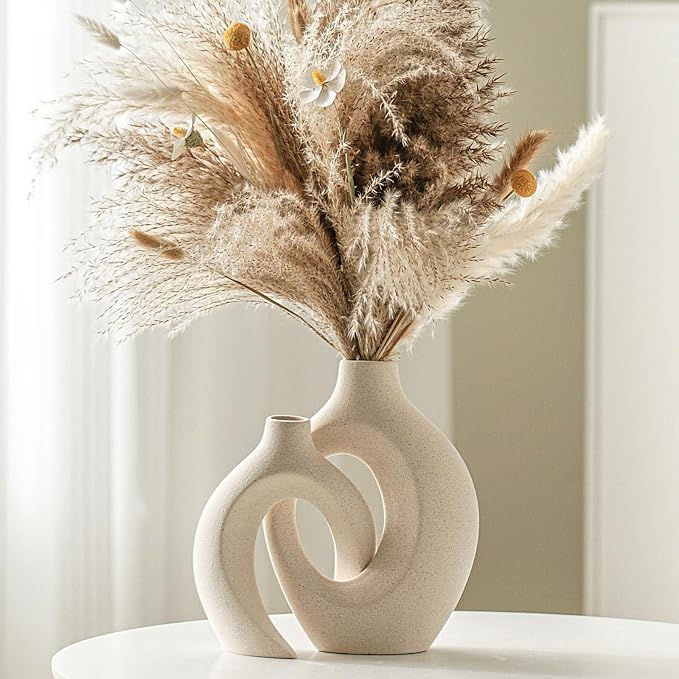 Lvases Snuggle Hollow Ceramic Vase Set of 2, Boho Home Decor for Tabletop | Modern Nordic Flower Vase for Pampas Grass, Decorative Coffee-Table Centerpiece for Living Room, 6.3 x 8.4 in, Milky White