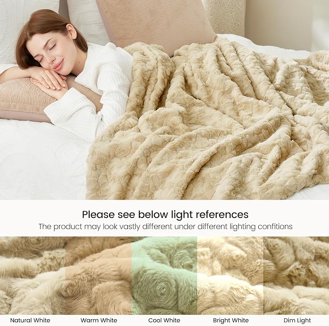 Cozy Bliss Faux Fur Throw Blanket for Couch, Fuzzy Soft Plush Thick Warm Fluffy Reversible Wave Textured Blanket for Sofa Bedroom Living Room, 55 * 70 Inches Khaki