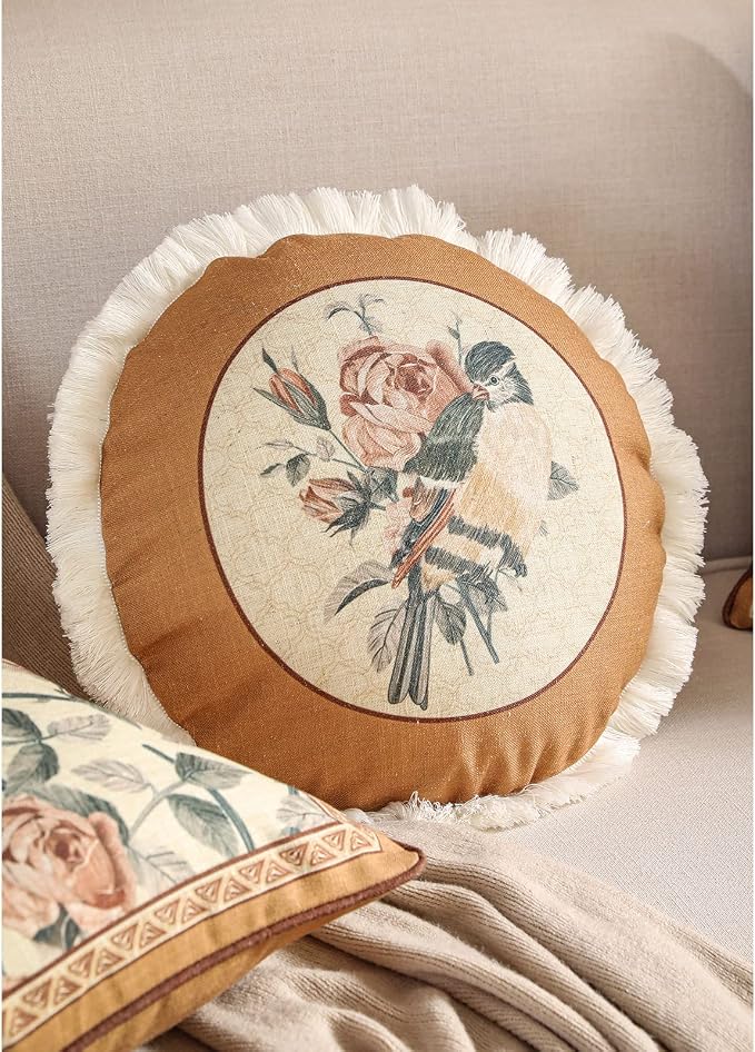 patdrea Vintage Linen Pillow Cover,Diameter 16",Set of 2-ParkerEstate D | French Decorative Pillow Case with Zipper,Bird and Floral Pattern,Cushion Coverfor Couch Living Room Bedroom