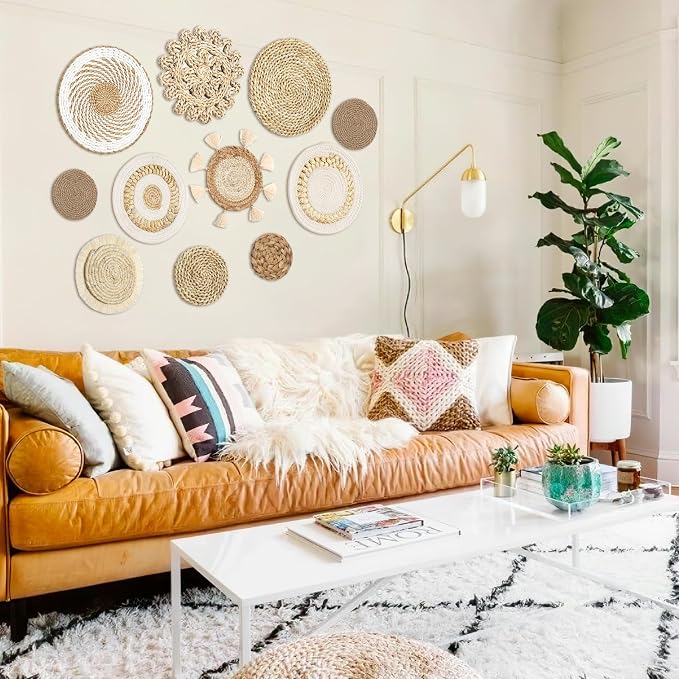 Set of 11 Boho Wall Basket Decor Wicker Woven Wall Basket Decoration | LOMOHOO Bohemian Handcrafted Round Basket Hanging Decor Bulrush Wall Art Decors for Living Room Rustic Home
