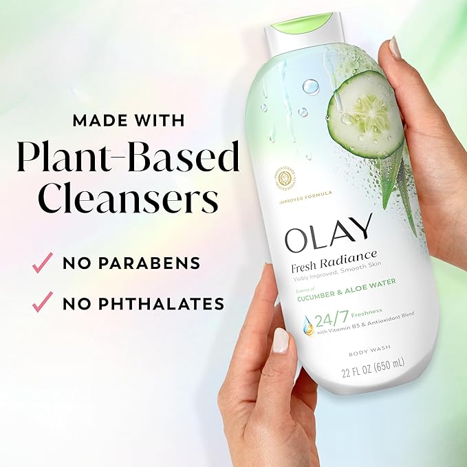 Olay Body Wash for Women, Fresh Radiance, 24/7 Skin-Loving Freshness, Visibly Radiant, Plant Based Cleansers, Vitamin B3 & Antioxidant Blend, For All Skin Types, Cucumber & Aloe Water Scent, 22 fl oz