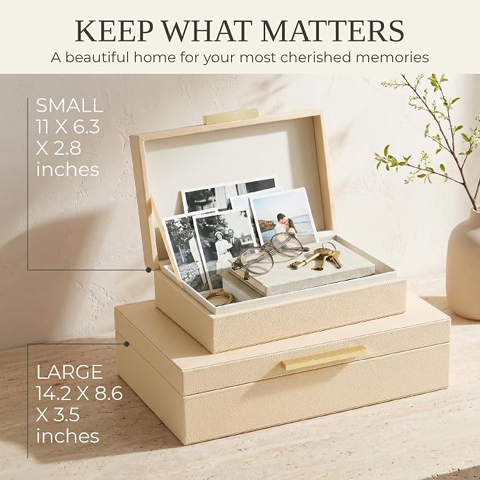 ZICOTO Decorative Storage Boxes with Lids – Set of 2 Beautiful PU Leather Organizer Bins for Your Bookshelf Home Decor - Safely Store Photos, Documents and Memory Box Keepsakes in Style