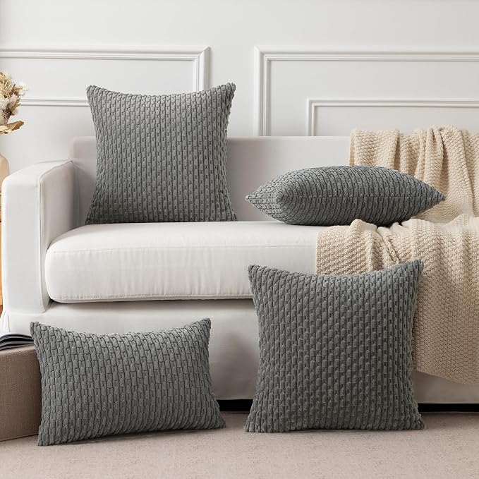 Kevin Textile Soft Corduroy 12"x20" Lumbar Pillow Cover 1 Pack, Dark Grey | Boho Stripe Plush Corduroy Decorative Oblong Cushion Cover Modern Farmhouse Home Decor for Sofa Couch Bed Chair