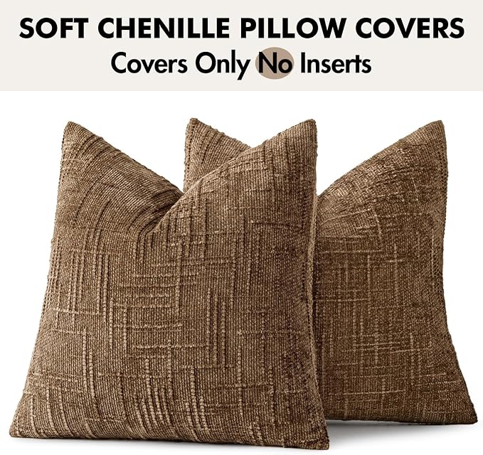 MIULEE Chenille Textured Fall Throw Pillow Covers Toffee 20x20 Set of 2 | Slubby Decorative Pillows, Boho Farmhouse Rustic Home Decor, Modern Neutral Cushion Covers for Couch Sofa Bed Living Room