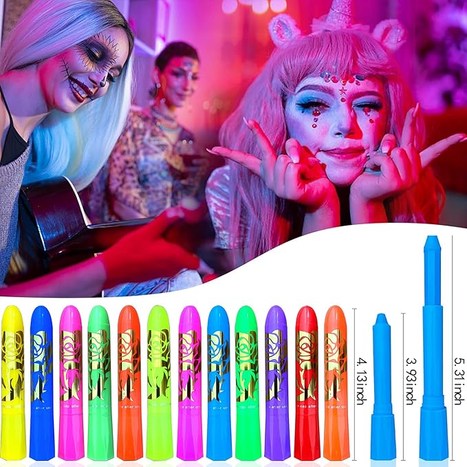 Glow in The Dark Face Body Paint, Glow In The Dark Under UV Black Light Sticks Makeup Neon Face Painting Kits for Adult Halloween Festival Accessory Glow Party Supplies (12 color)
