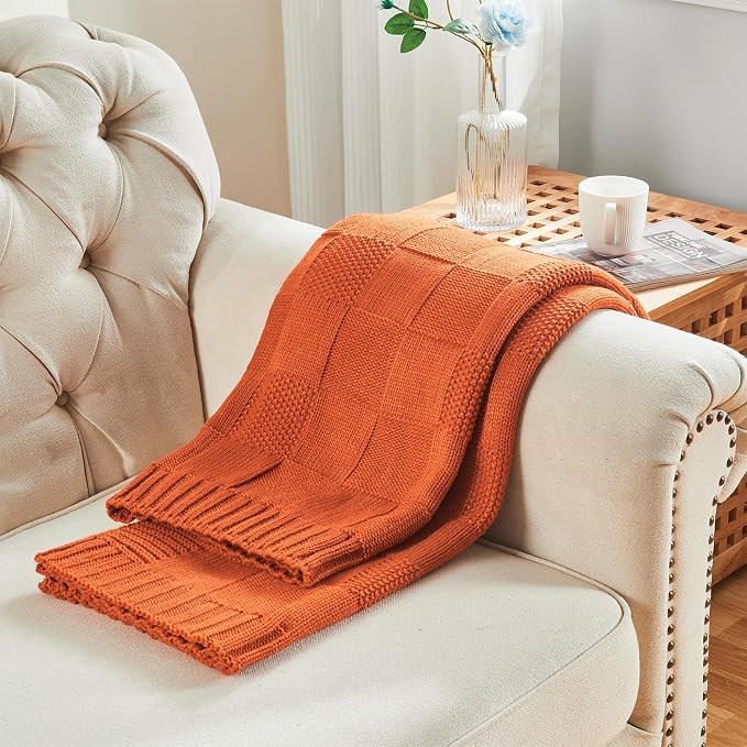 CozeCube Rust Orange Knitted Checkered Throw Blanket 60"X80" | Check Knit Throw for Couch, Decorative Christmas Soft Cozy Warm Blanket for Bed Sofa Living Room