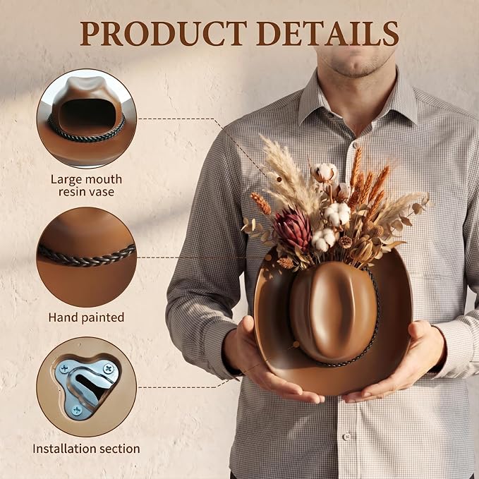 Hanging Wall Vase for Flowers Resin Cowboy Hat Vase Western Decor Brown