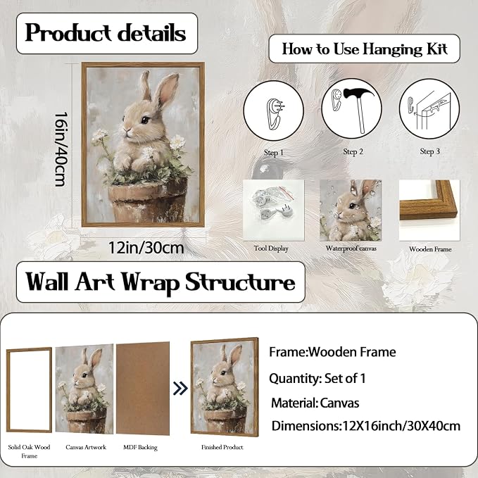 Framed Vintage Easter Bunny Wall Art, Cute Cottagecore Rabbit Floral Pictures Wall Decor, Spring Farmhouse Animal Paintings Prints Rustic Home Decor for Living Room Bedroom Nursery 12x16 inch