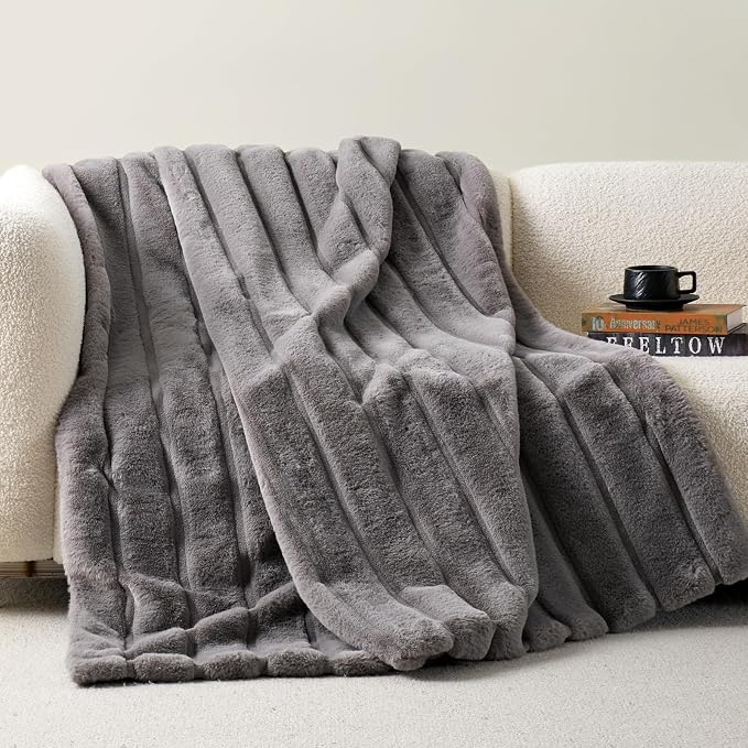Cozy Bliss Deluxe Sheared Rabbit Faux Fur Throw Blanket, Soft Fuzzy High-Low Sculpted Plush Blanket for Couch, Cozy Home Accent, All Season Use, Grey 50"x60"
