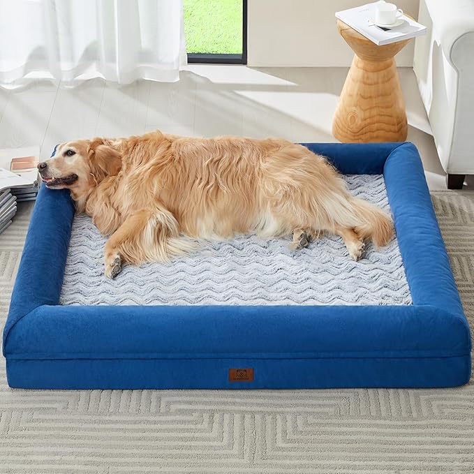 WNPETHOME XXL Extra Large Orthopedic for Senior Dog BedComfy Sleeping | Washable Waterproof Dog Couch with Removable Cover, Large Pet Sofa Bed with Bolster Sides for Relaxing Blue 45x35 Inch