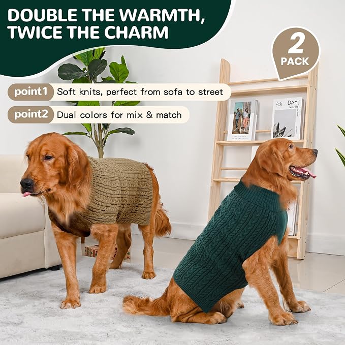 Dog Sweater 2 Pack for Large Dogs, Size XL, Green & Brown | Stretchy cable knit turtleneck, machine washable, high belly cut, comfy winter fit for English Bulldog, Boxer