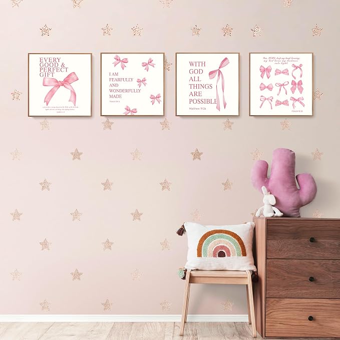 LARTSFRO Coquette Pink Bow Wall Art Decor Posters, Pink Bow Room Bedroom Bathroom Dorm Wall Art Decor Aesthetic for College Teen Girls Gifts, Inspirational Bible Verses Bow Wall Decor, 10x10 Inch Set of 4 Pcs Bow Pictures (UNFRAMED)