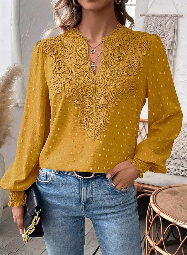 Womens Tops Swiss Dot Boho Long Sleeve Shirts V Neck Casual Chiffon Blouses Flowy Lace Hem Cute Clothing Trendy 2026